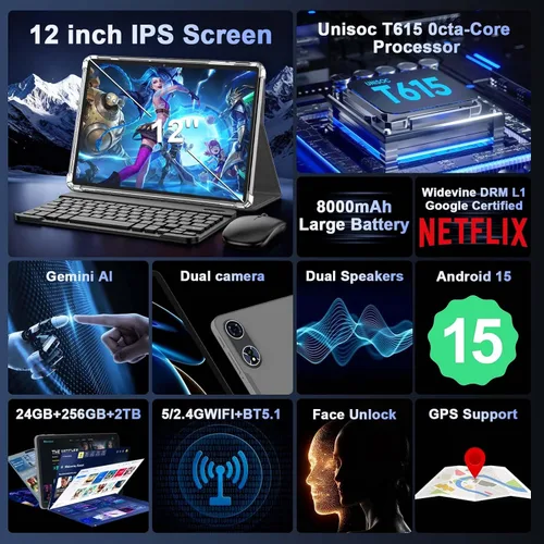 Miniatura 2 de Tablet 2025 de 12 pulgadas, tabletas Android 15 con teclado, 24GB+256GB+2TB Expand, pantalla 2K, Tablet PC con WiFi 5G, Octa-Core, 8000mAh, BT5.0