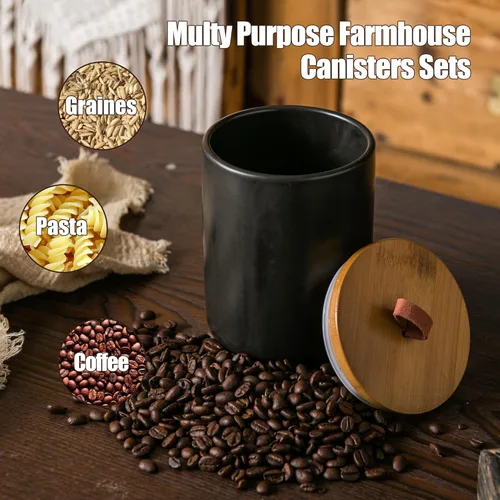 Miniatura 3 de JOJUNO Juego de recipientes de cerámica negra con tapa de madera, tarros herméticos de almacenamiento de alimentos de 3 piezas para encimera