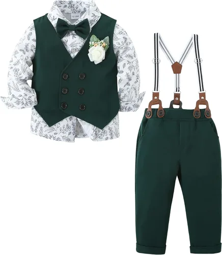 Miniatura 6 de YALLET Ropa de Traje para Bebé Niño Caballero Conjuntos de Boda, Camisa de Vestir Formal + Pajarita + Chaleco + Boutonniere + Pantalones con Tirantes