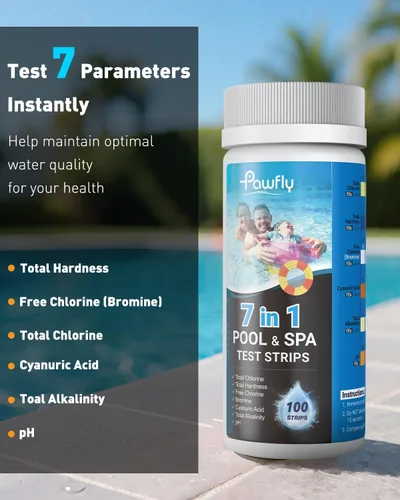 Miniatura 2 de Pawfly 100 tiras de prueba de piscina, kit de prueba digital 7 en 1, tiras de prueba de agua para spa y jacuzzi, para pH, dureza total, cloro total