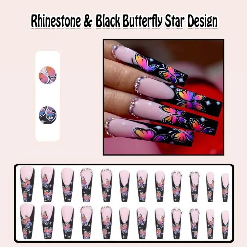 Miniatura 2 de Uñas postizas extralargas a presión con punta francesa de ataúd negro con diamantes de imitación, diseño de estrella de mariposa, cuadradas, mate