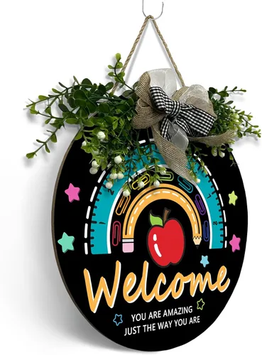 Miniatura 8 de Señal de puerta de maestro para aula Dacawin Señal de puerta de aula de madera para maestros Guirnalda de arco iris para puerta de aula Placa