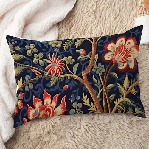 ArogGeld Funda de cojín lumbar con diseño floral azul marino y rojo, botánico, burdeos, dorado, oliva, flor, funda de cojín lumbar tradicional A-12