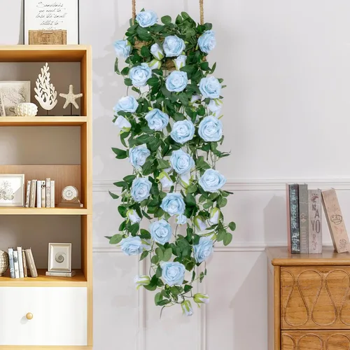 Miniatura 4 de U'Artlines Paquete de 3 guirnaldas de flores artificiales de seda de vid azul de 19.5 pies en total para interiores y exteriores, hogar, boda, arco