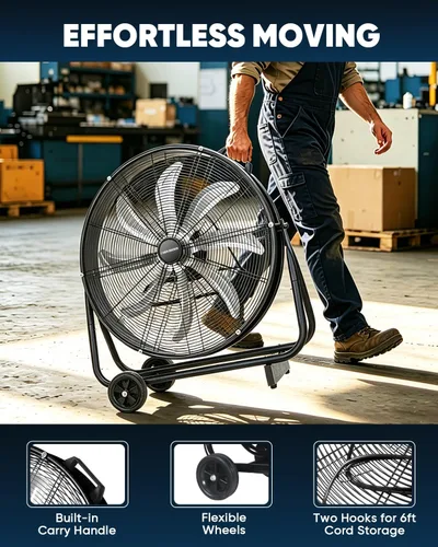 Miniatura 6 de KEN BROWN TurboSweep - Ventilador industrial de 24 pulgadas, ventilador de tambor de alta velocidad de 8 aspas, 9500 CFM, 3 velocidades resistentes
