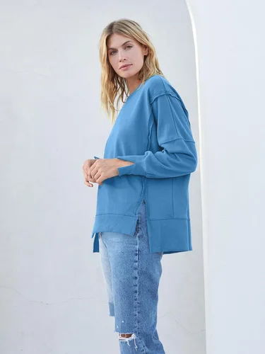 Miniatura 4 de MEROKEETY Sudadera holgada casual de manga larga tipo farol para mujer, cuello redondo, abertura lateral, 2023