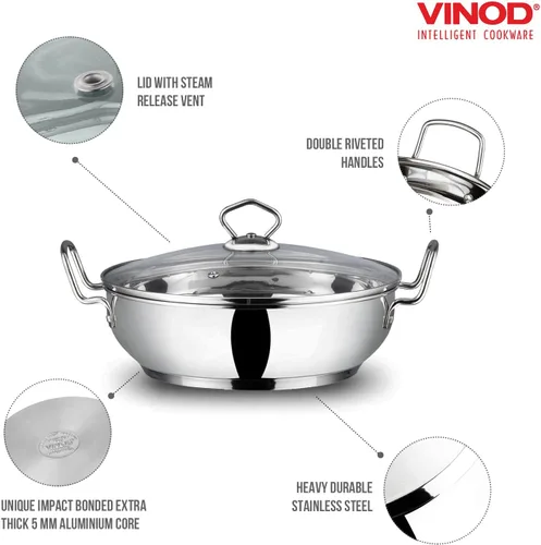 Miniatura 4 de Vinod Kadhai de acero inoxidable con tapa de vidrio – Apto para inducción (7.1 in/7 pulgadas) – 1.5 litros (1.7 cuartos de galón) – 6 tazas