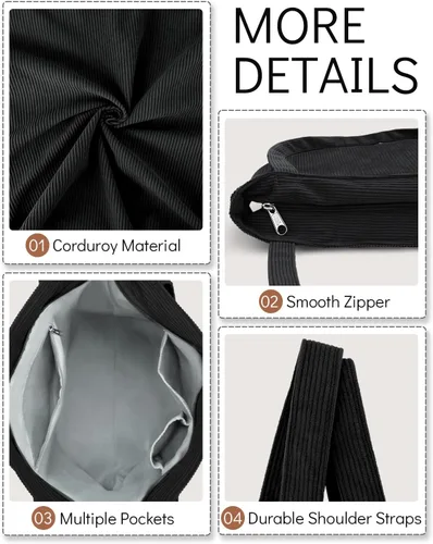 Miniatura 6 de Bolso de pana Iioscre para mujeres, bolsos hobo con cierre de cremallera, bolsos de hombro casuales de gran capacidad con bolsillos interiores