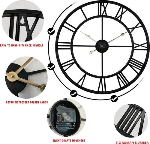 Miniatura 4 de Reloj de pared grande de metal de 24 pulgadas más grueso, reloj industrial decorativo para el hogar con números romanos grandes, reloj retro de gran
