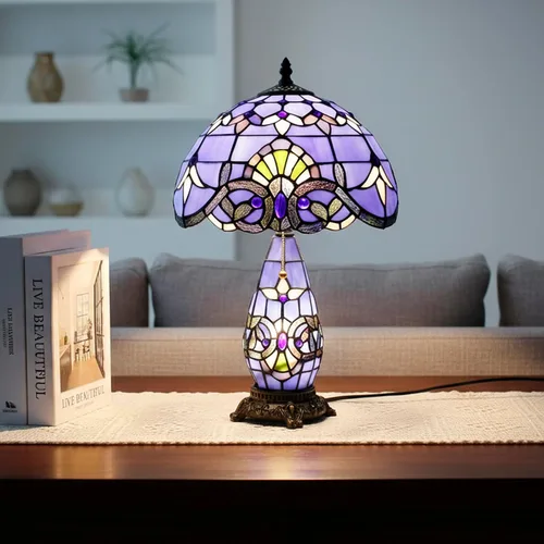 Miniatura 3 de Lámpara de Estilo Tiffany de Vidrio Manchado Azul Barroco de Mesa de 12X19 Pulgadas, Vaso Madre-Hija, Luz de Lectura para Escritorio, Decoración