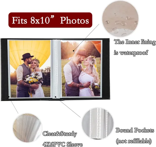 Miniatura 4 de Álbum de fotos de 8x10 pulgadas con bolsillos de páginas transparentes, cubierta de cuero, álbum de fotos deslizable para 100 fotos verticales