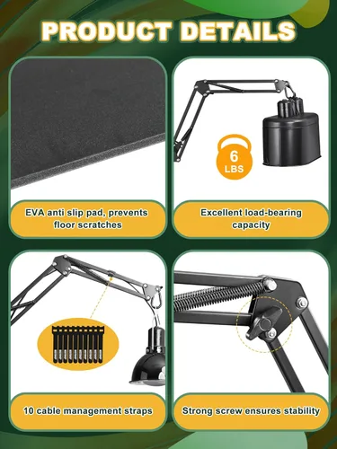 Miniatura 5 de Soporte de luz doble para reptiles, soporte de bombilla de calor (15.7 a 74.3 pulgadas) con 2 brazos oscilantes ajustables de 360° para terrario