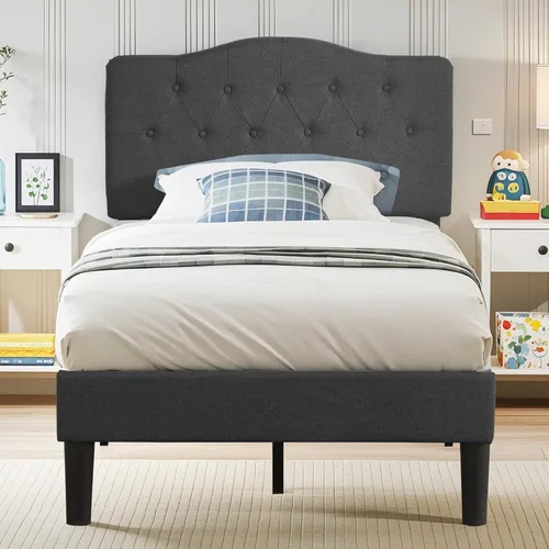VECELO Armazón de Cama Tamaño Individual Plataforma Tapizada con Cabecera Ajustable Acolchada/Base de Colchón con Soporte de Listones de Madera, Gris