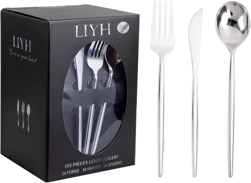 Miniatura 8 de LIYH 102 piezas de cubiertos de plástico plateado – Juego de cubiertos de plástico de alta resistencia, utensilios desechables, cuchillos, 102 plata