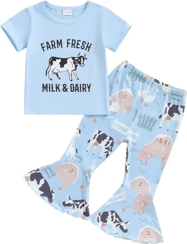 Miniatura 15 de fhutpw Conjunto de camiseta de manga corta con estampado de vaca y pantalones acampanados de dibujos animados para niñas
