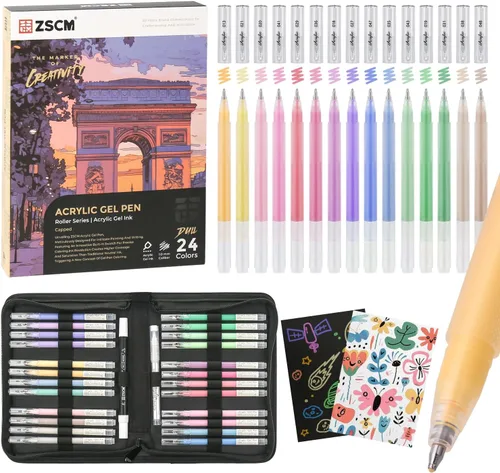 ZSCM - 24 colores de bolígrafos de gel acrílico 3D y cuaderno de bocetos de papel negro para dibujo, bolígrafo de tinta acrílica de punta fina de 24