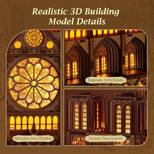 Miniatura 4 de FUNPOLA Rompecabezas 3D de Madera LED - Modelo de Arquitectura de Notre Dame de París Edición Nocturna con Iluminación LED - Kit de Artesanía