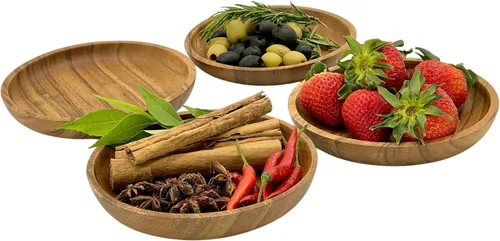 Juego de 4 platos de madera de acacia, redondos de 6 pulgadas, postre de madera maciza de 1 pulgada de grosor, platos laterales y aperitivos,