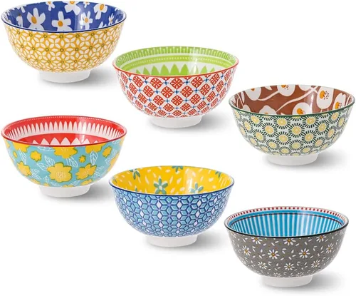 Juego de cuencos de cerámica pequeños – Juego de 6 cuencos pequeños de porcelana para postre – 10 onzas para arroz | Sopa | Aperitivos |