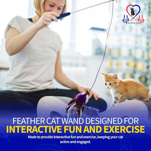 Miniatura 4 de Pet Fit For Life Juguetes de varita de plumas para gatos, juguete interactivo para mascotas de interior, 2 accesorios de plumas, promueve la salud