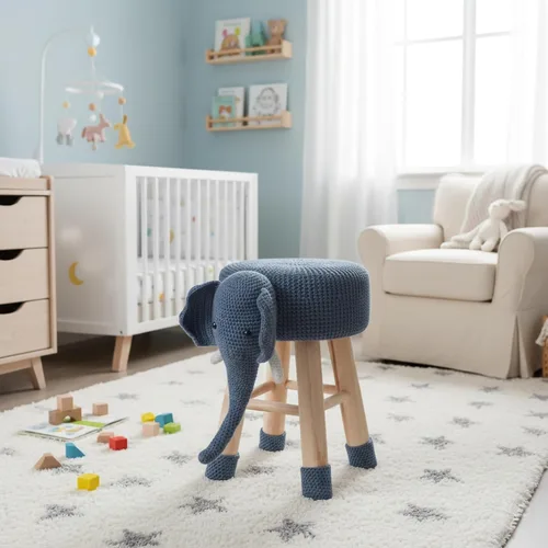 AC Pacific Woodland - Taburete de elefante para niños, silla otomana de madera con temática de animales con tela de felpa suave, patas de madera de
