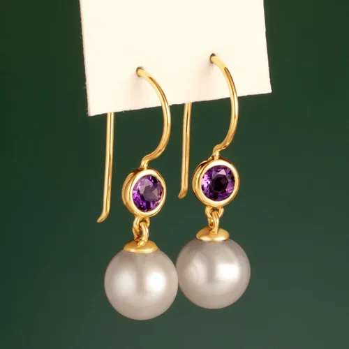 Miniatura 3 de Peora Aretes colgantes de oro amarillo de 14 quilates, perlas blancas cultivadas en agua dulce de 0.315 in y amatista genuina para mujer, piedra