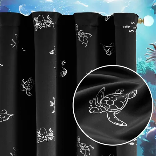 Miniatura 14 de Vangao - Cortinas para niños con impresión de dinosaurio en negro, cortinas opacas para guardería, habitación de niñas y niños, estampado plateado