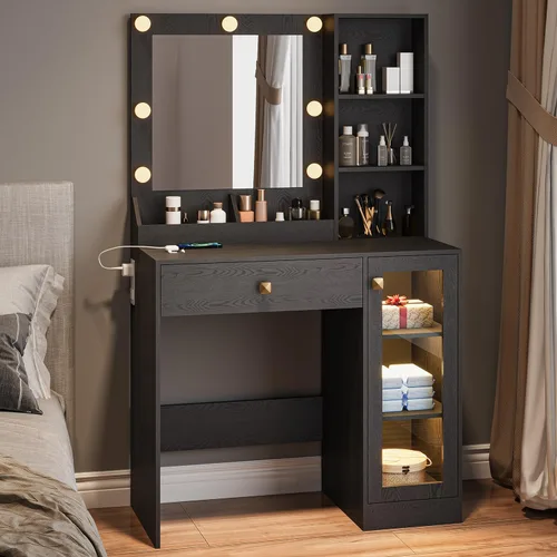 Wodeer Pequeño escritorio de maquillaje con espejo y luces, tocador con armario de cristal, luces LED y toma de corriente, cajón y gabinetes de