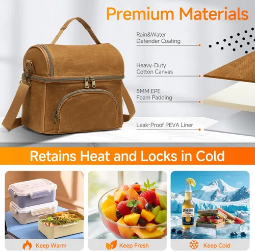 Miniatura 2 de Waxed Canvas Lunch Bag with 2 XL Ice Packs, Canvas Lunch Box, Lunch Cooler for Men Work, 10.5L 2 Compartments Insulated Leakproof Cooler Bags for