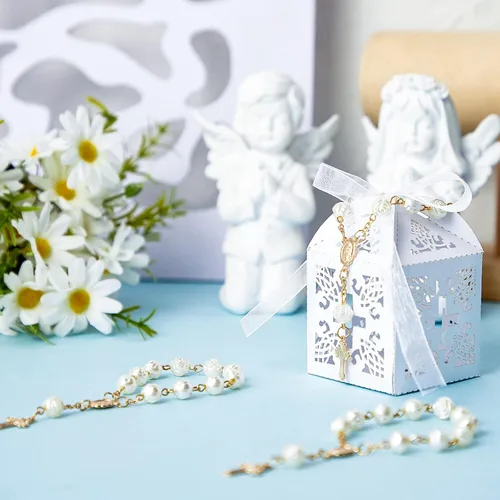 Miniatura 3 de Taiyin Juego de 300 piezas de rosarios para bautizo a granel, pulsera de rosario acrílico, cuentas de perlas sintéticas con bolsa de organza y cajas