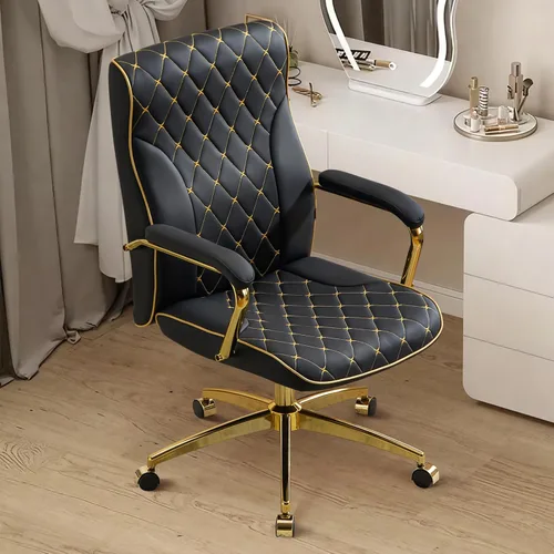 Miniatura 8 de Furniliving Silla de oficina negra y dorada, sillas de oficina de cuero, silla de tocador ajustable con patas doradas y reposabrazos acolchado, Negro