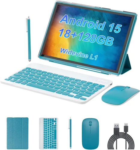 ZZB Tableta Android 15 de 10 pulgadas, tableta de 2 en 1 con teclado, ratón, estuche, lápiz capacitivo, 18 GB de RAM, 128 GB de ROM, 2 TB Azul marino