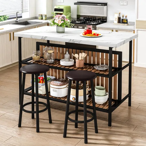 Miniatura 8 de DKLGG Isla de cocina con taburetes y almacenamiento, juego de mesa de comedor moderno para 2, juegos de cocina y comedor de 3 piezas, mesa de isla