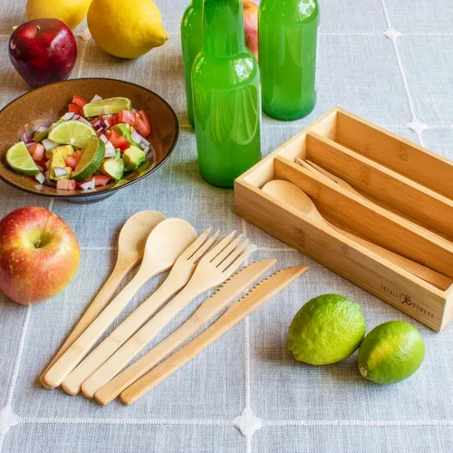 Miniatura 2 de Totally Bamboo Juego de cubiertos de bambú reutilizables de 12 piezas con estuche de almacenamiento portátil, apto para lavavajillas