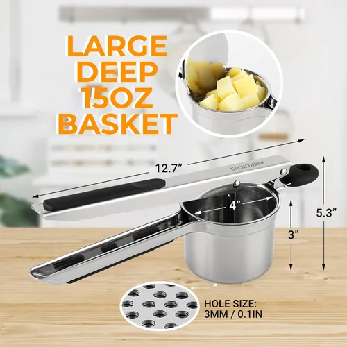 Miniatura 4 de Ricer de patatas de acero inoxidable, triturador de patatas grande de 15oz, herramienta de cocina ricer resistente para puré de patatas perfecto