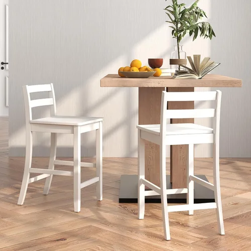 Miniatura 2 de COSTWAY Juego de 2 taburetes de bar de madera, taburetes de altura de mostrador de 24 pulgadas con respaldo ergonómico y reposapiés, sillas de Blanco