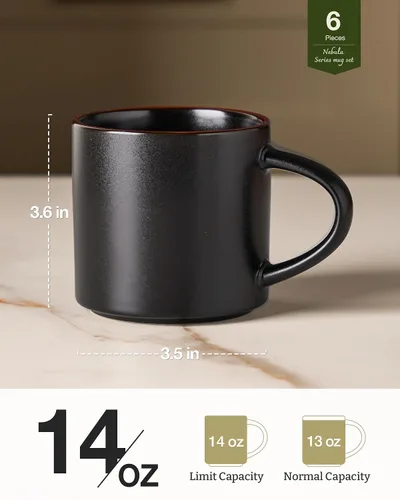 Miniatura 5 de famiware Juego de 6 tazas de café Nebula de 14 onzas, juego de tazas de cerámica con asa para café con leche, té, leche, capuchino, cacao, negro mate