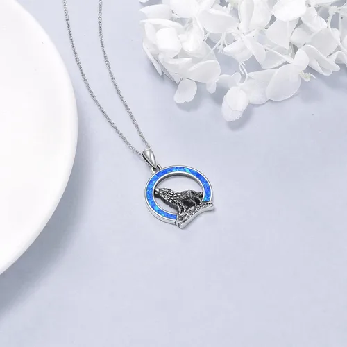 Miniatura 3 de YFN Collar de lobo, regalo para hombres y mujeres, plata de ley, ópalo y luna lobo, joyería de cumpleaños para amantes del lobo, 18+2 pulgadas