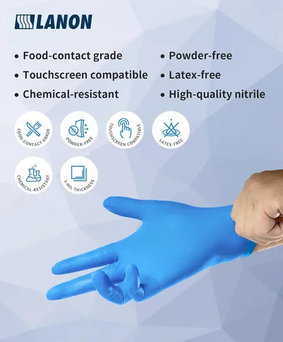 Miniatura 2 de LANON - Guantes desechables de nitrilo sin silicona, seguros para alimentos, resistentes a productos químicos, sin polvo, puntas de los dedos Azul