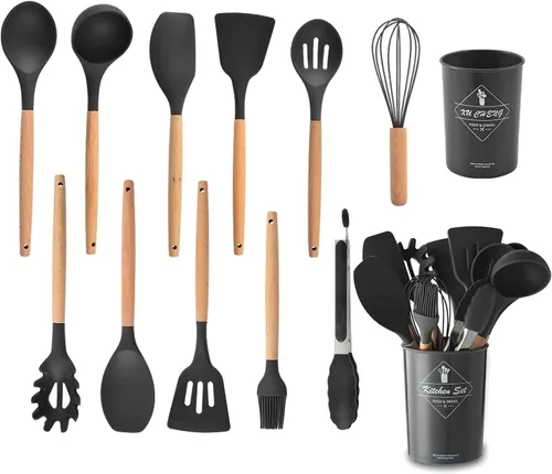Juego de 12 utensilios de cocina de silicona con soporte, asas de madera, resistentes al calor, espátula de silicona, cuchara, utensilios de cocina