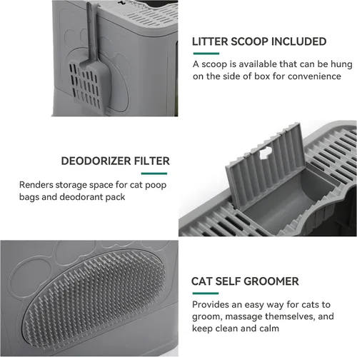 Miniatura 6 de YITAHOME Caja de arena grande cerrada para gatos con cubierta de tapa, inodoro con capucha para gatos sin olor con cuchara de arena, filtro Gris