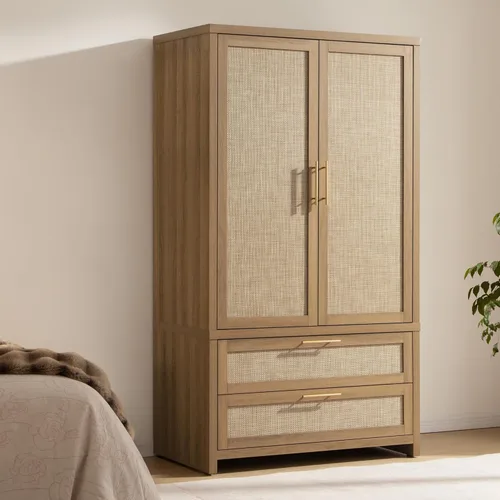 Miniatura 15 de SICOTAS Armario Ropero Gabinete de Ratán, Gabinete de Almacenamiento de 71" con Puertas, 2 Cajones y Barra Colgante, Organizador de Ropa Boho Roble