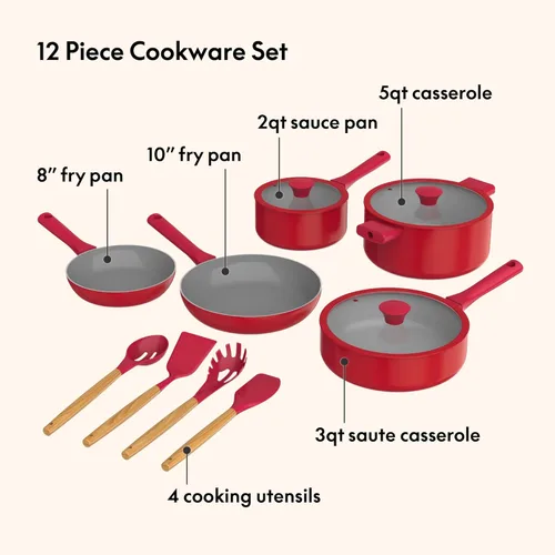 Miniatura 4 de So Yummy by bella Juego de 12 piezas de utensilios de cocina con revestimiento antiadherente de cerámica EverGood™ y utensilios de silicona y Rojo