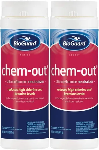 BioGuard ChemOut, 2 libras, paquete de 2, neutraliza los niveles altos de cloro y bromo, reduce el tiempo de inactividad de la piscina, adecuado