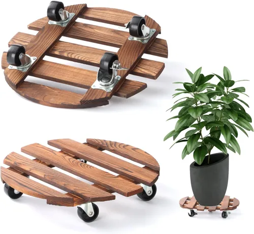 Paquete de 2 soportes para plantas de 12" con ruedas, soporte rodante para plantas de 220 LB de servicio pesado, carrito redondo de madera para