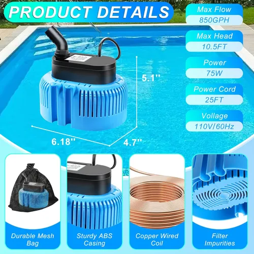 Miniatura 6 de DeeprBetter Bomba de Cubierta para Alberca Sobre el Suelo, Bomba de Agua Sumergible Bomba de Sumidero para Drenaje, 850 GPH Azul