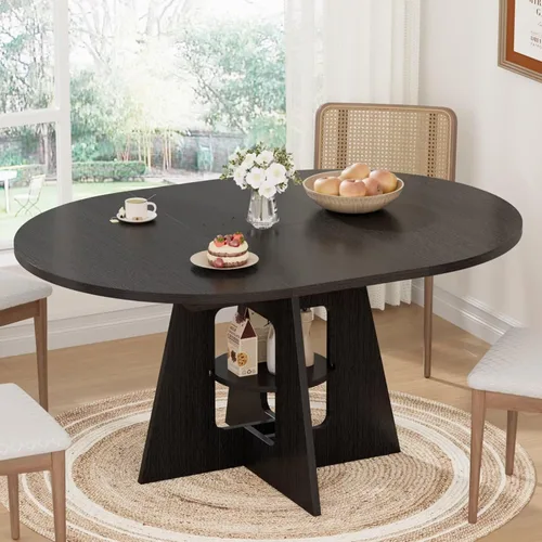 Miniatura 7 de Mesa de comedor redonda extensible para 4-8, mesa de comedor moderna de cocina de 43.3 a 59 pulgadas con estante de almacenamiento, mesa de comedor