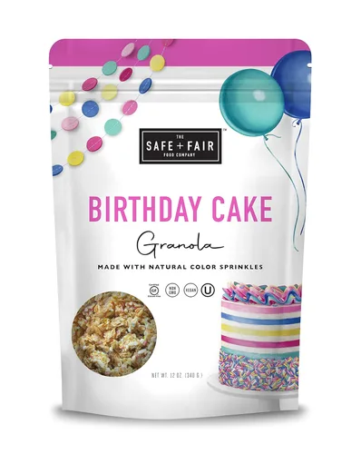 Safe + Fair - Granola de Pastel de Cumpleaños, sin gluten, vegano y a base de plantas con chispitas naturales, 0g de grasas trans, sin OGM, kosher,