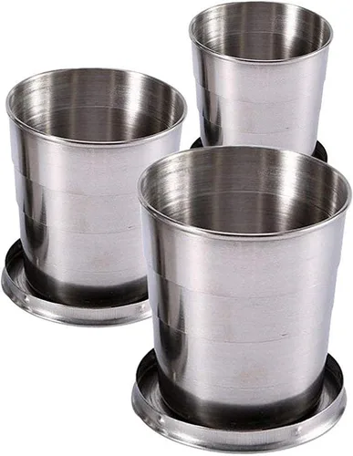 3 vasos de viaje plegables, platos y utensilios, vaso de camping de acero inoxidable con tapa: 74 ml, 139 ml, 244 ml, extensible y portátil,