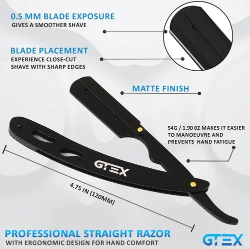 Miniatura 7 de 2 maquinillas de afeitar rectas para hombres (azul negro), 100 cuchillas GTEX de primera calidad (acero japonés) – Paquete de 2 maquinillas